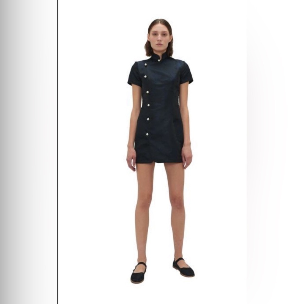 ALEXA CHUNG Mandarin Faux Pearl-embellished Satin Mini Dress In Black